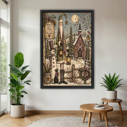 Primitive Santa Christmas Canvas Wall Art framed above a wood table with green plants.
