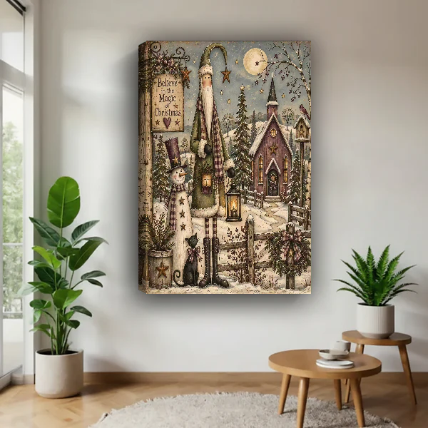 Primitive Santa Christmas Canvas Wall Art unframed above a wood table with green plants.