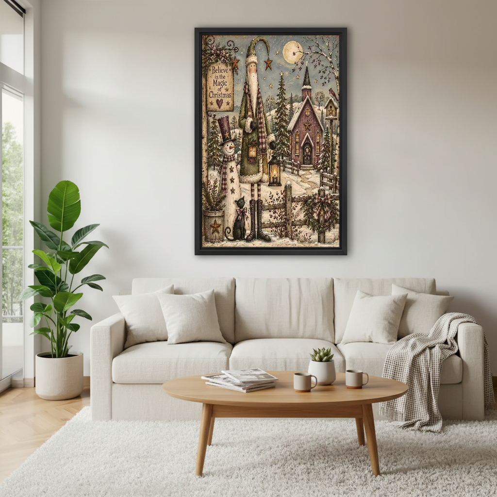 Primitive Santa Christmas Canvas Wall Art framed above a white sofa and round coffee table.