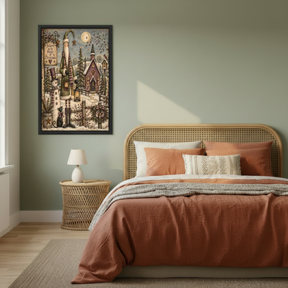Primitive Santa Christmas Canvas Wall Art framed above copper bedding against a muted olive wall.