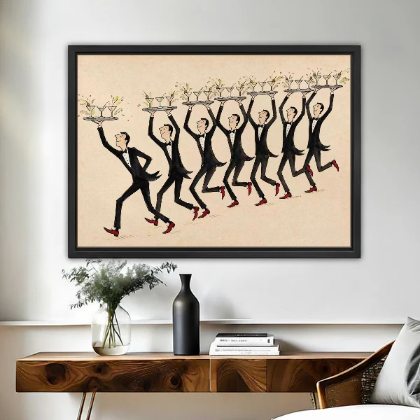 Dancing Waiters Canvas Wall Art framed above a wood console with vases and flowers.