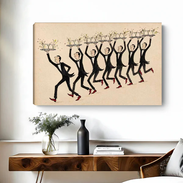 Dancing Waiters Canvas Wall Art unframed above a wood console with black and white vases.