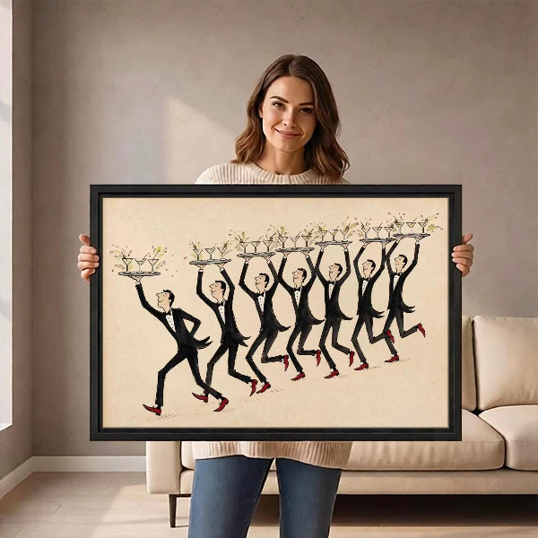 Dancing Waiters Canvas Wall Art held in a black landscape frame by a standing woman.