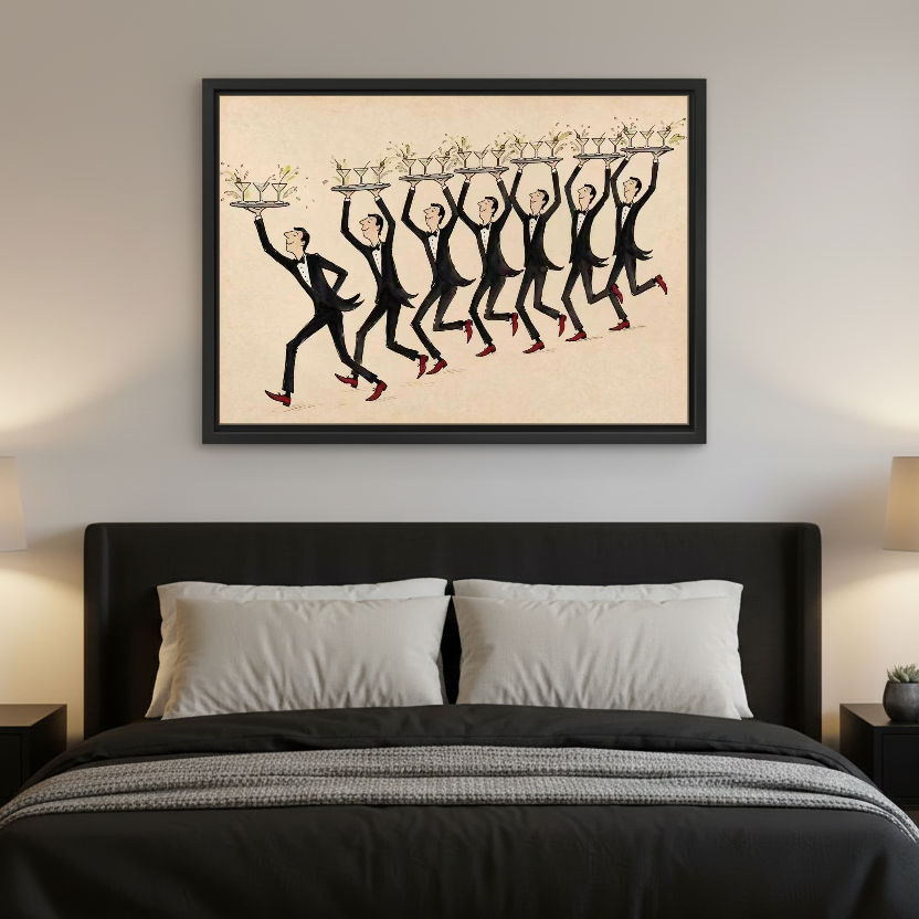 Dancing Waiters Canvas Wall Art framed above charcoal bedding with pale pillows.