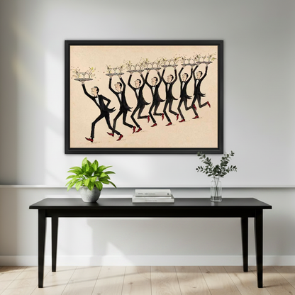 Dancing Waiters Canvas Wall Art framed above a black console with green plants.