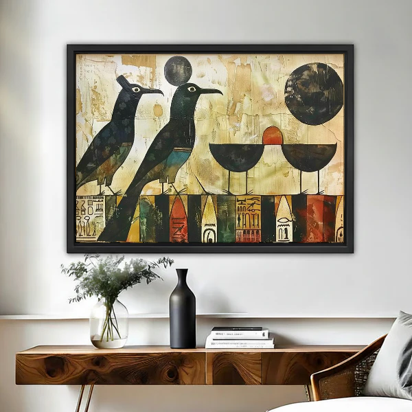 Geometric Birds Canvas Wall Art framed above a wood console with vases and flowers.