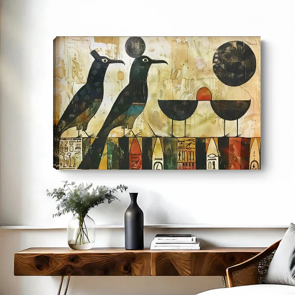 Geometric Birds Canvas Wall Art unframed above a wood console with black and white vases.