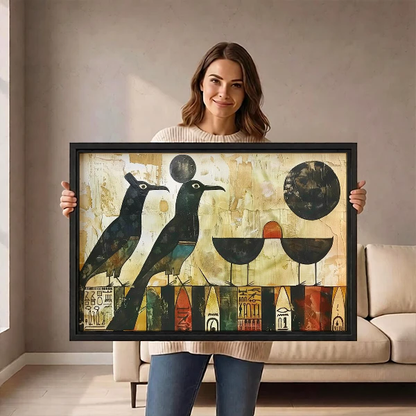 Geometric Birds Canvas Wall Art held in a black landscape frame by a standing woman.