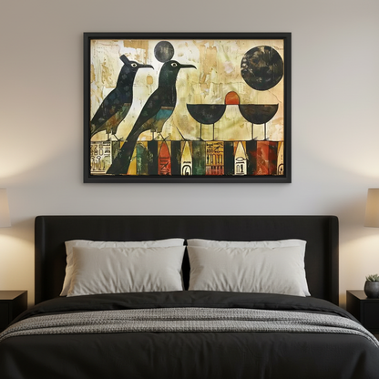 Geometric Birds Canvas Wall Art framed above charcoal bedding with pale pillows.