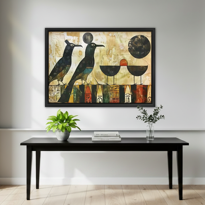 Geometric Birds Canvas Wall Art framed above a black console with green plants.