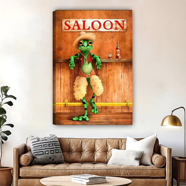Cowboy Frog Canvas Wall Art unframed above a brown leather sofa and brass lamp.