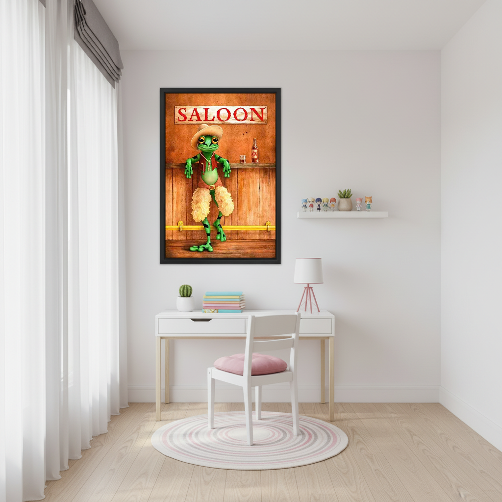 Cowboy Frog Canvas Wall Art framed above a white study desk with pink chair.
