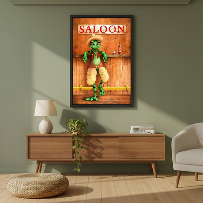 Cowboy Frog Canvas Wall Art framed above a wood console against an olive wall.