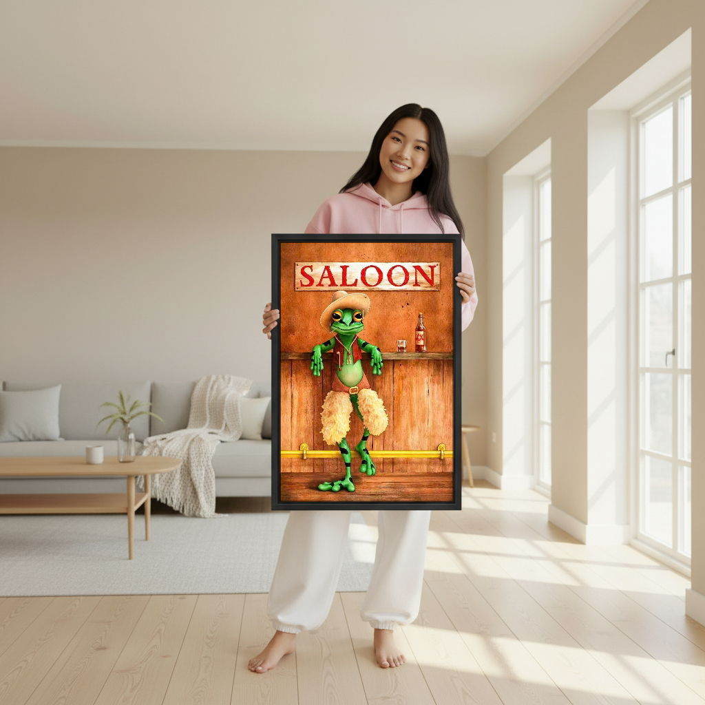 Cowboy Frog Canvas Wall Art held in a black frame by a woman wearing pink.