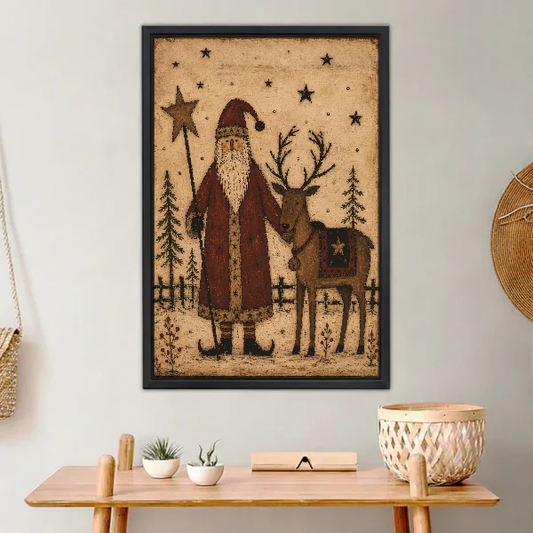 Santa Reindeer Canvas Wall Art framed above a light wood console with cacti.
