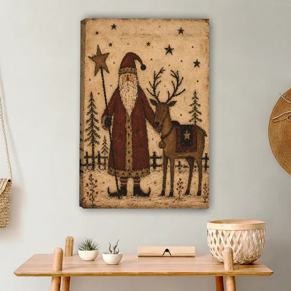 Santa Reindeer Canvas Wall Art unframed above a light wood console and woven basket.