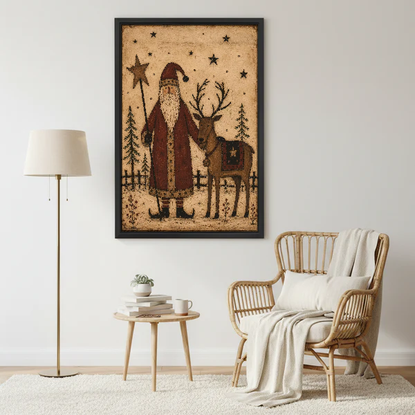 Santa Reindeer Canvas Wall Art framed beside a wicker armchair and floor lamp.