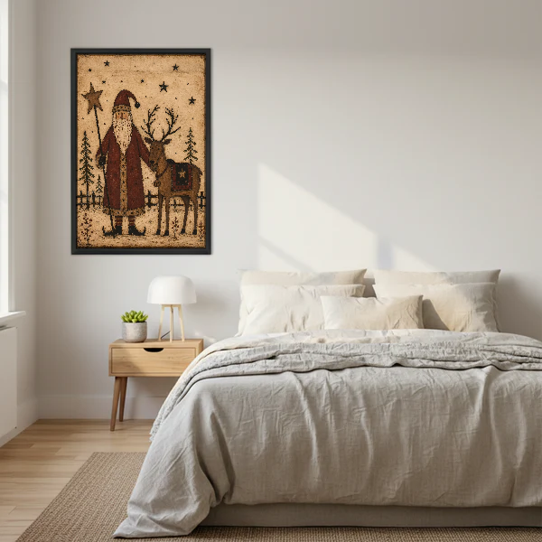 Santa Reindeer Canvas Wall Art framed above a cream bed with wooden nightstands.