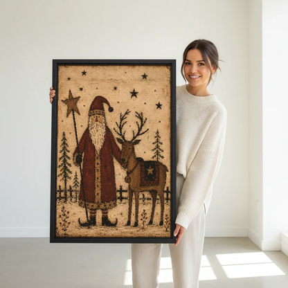 Santa Reindeer Canvas Wall Art held in a black frame by a standing woman in white.