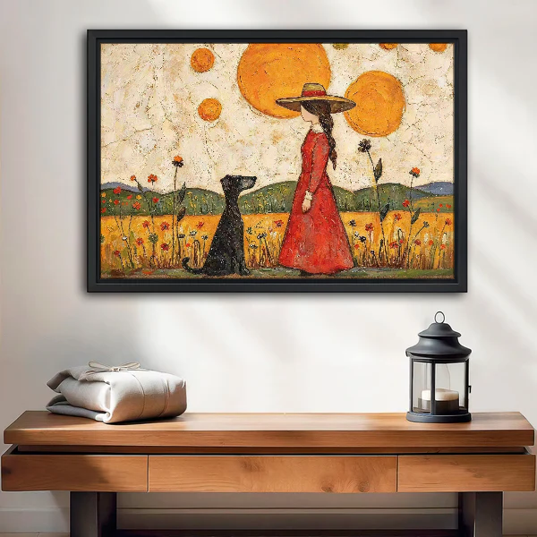 Woman Dog Sunshine Canvas Wall Art framed above a wood console with linen and lantern.