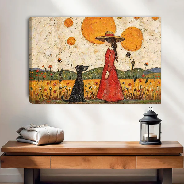 Woman Dog Sunshine Canvas Wall Art unframed above a wood console with linen and lantern.
