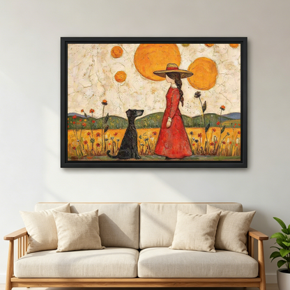 Woman Dog Sunshine Canvas Wall Art framed above a cream sofa with wooden arms.