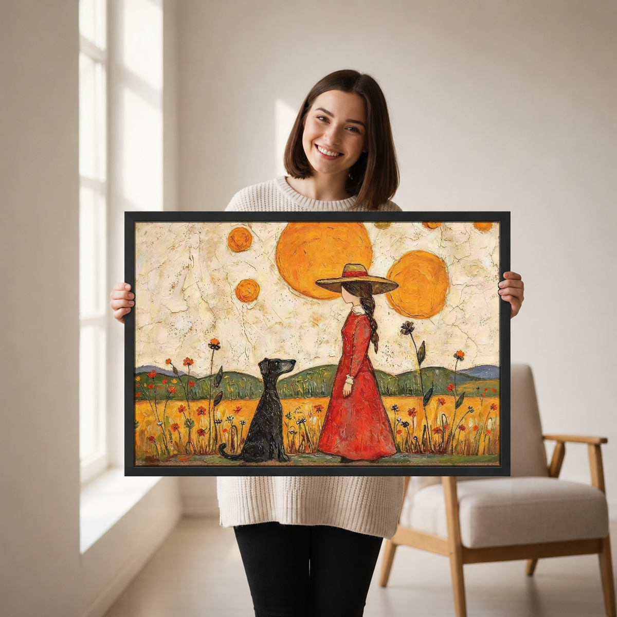Woman Dog Sunshine Canvas Wall Art held in a black landscape frame by a standing woman.