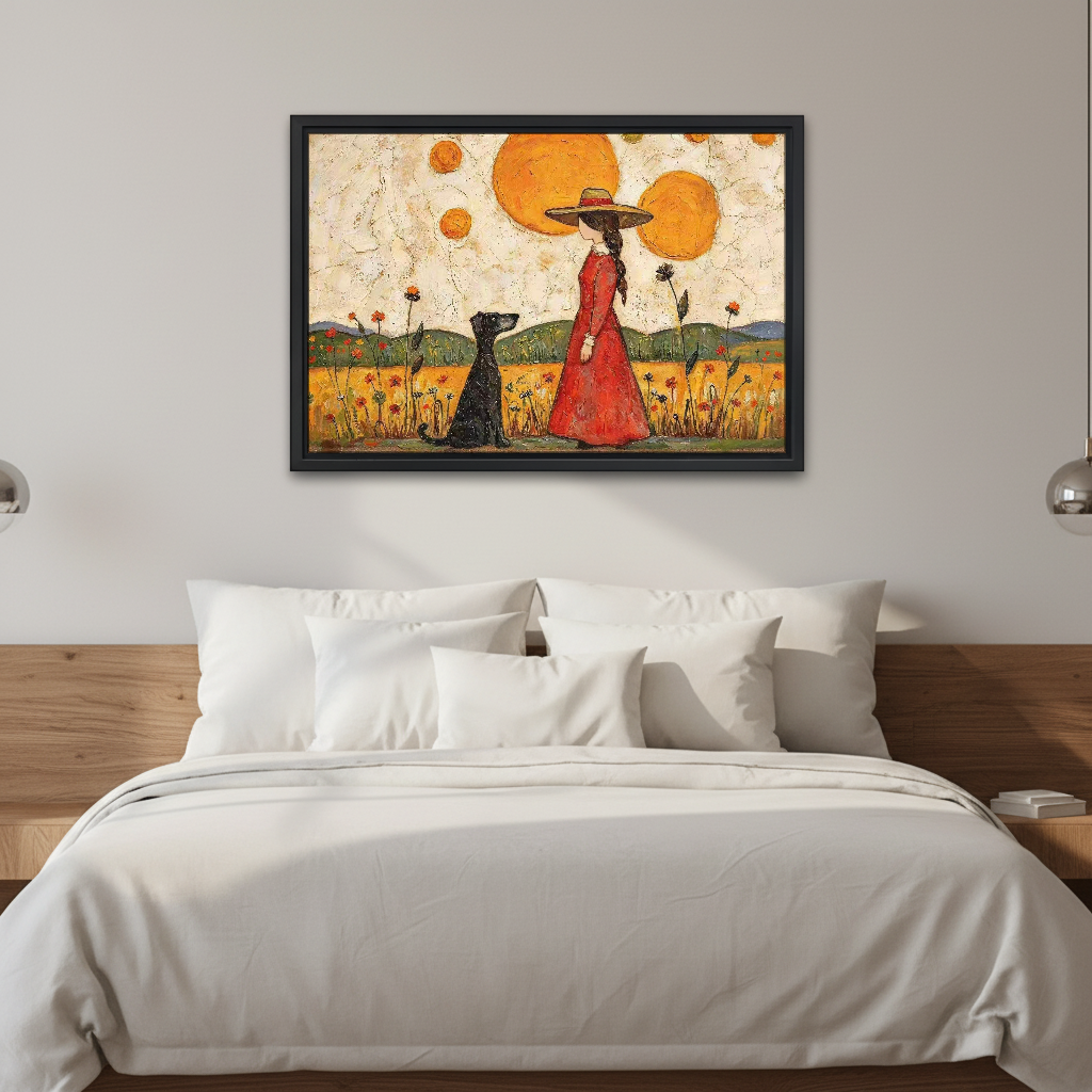 Woman Dog Sunshine Canvas Wall Art framed above white bedding and a warm wood headboard.