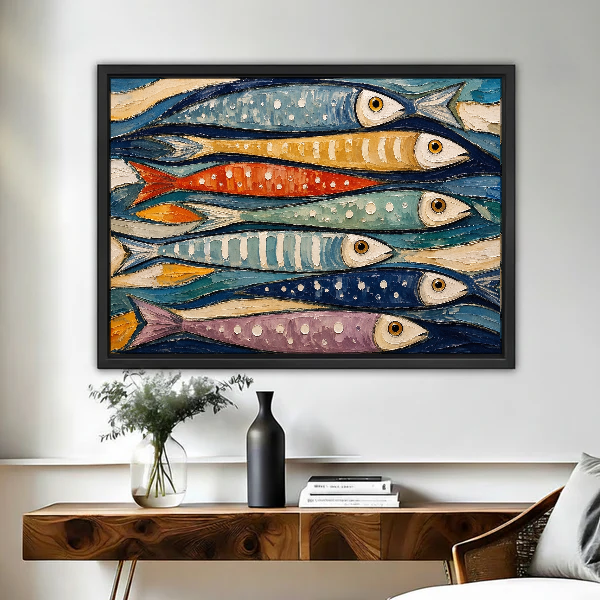 Colorful Fish Canvas Wall Art framed above a wood console with vases and flowers.