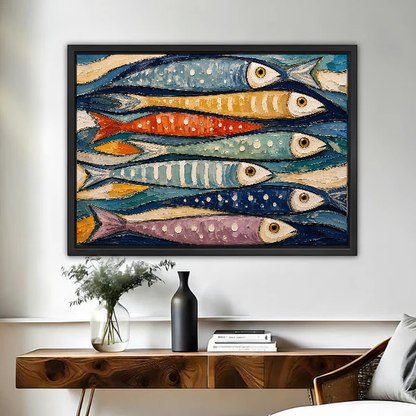 Colorful Fish Canvas Wall Art framed above a wood console with vases and flowers.