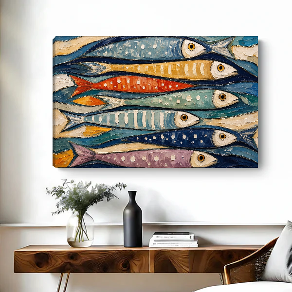 Colorful Fish Canvas Wall Art unframed above a wood console with black and white vases.