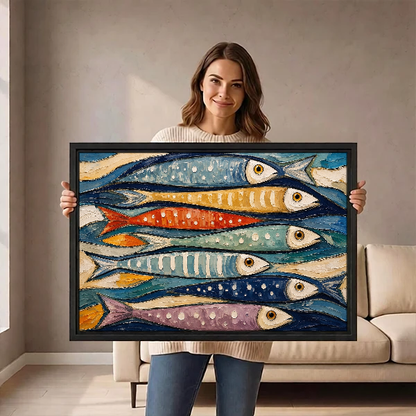 Colorful Fish Canvas Wall Art held in a black landscape frame by a standing woman.