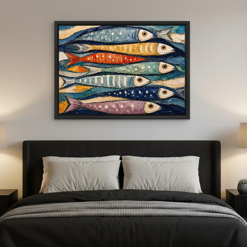Colorful Fish Canvas Wall Art framed above charcoal bedding with pale pillows.