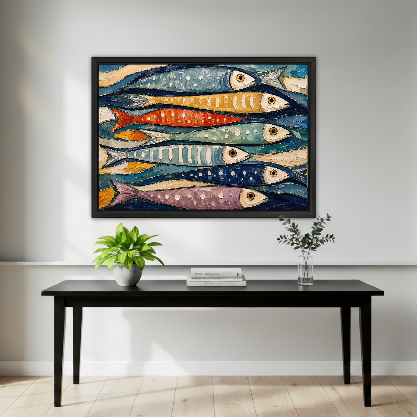 Colorful Fish Canvas Wall Art framed above a black console with green plants.