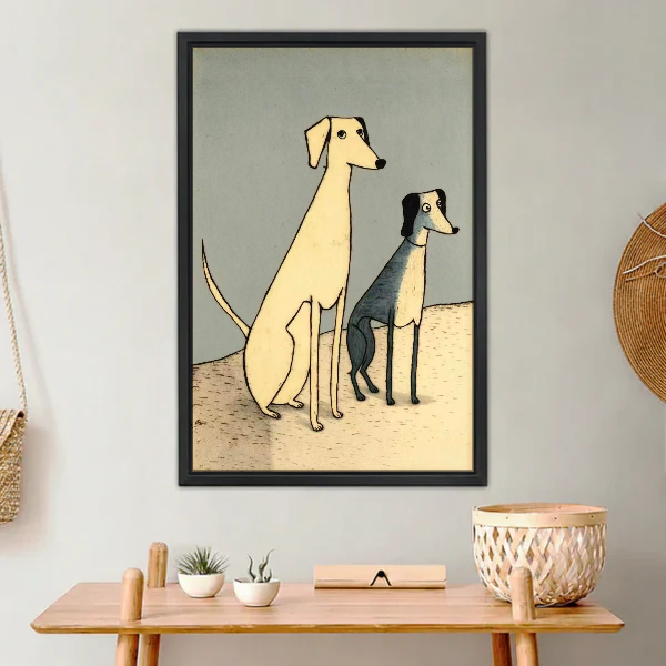 Two Dogs Canvas Wall Art framed above a light wood console with cacti.
