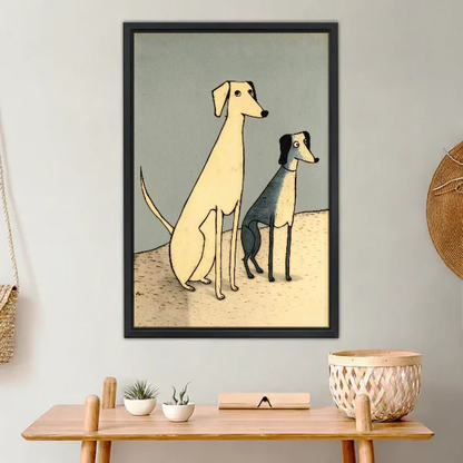 Two Dogs Canvas Wall Art framed above a light wood console with cacti.