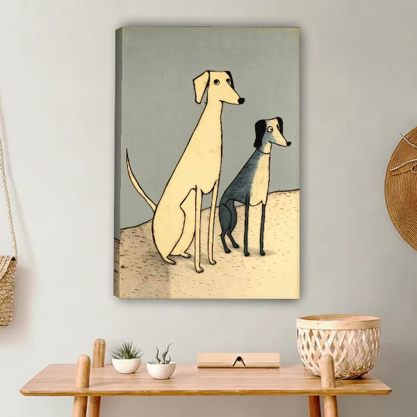 Two Dogs Canvas Wall Art unframed above a light wood console and woven basket.
