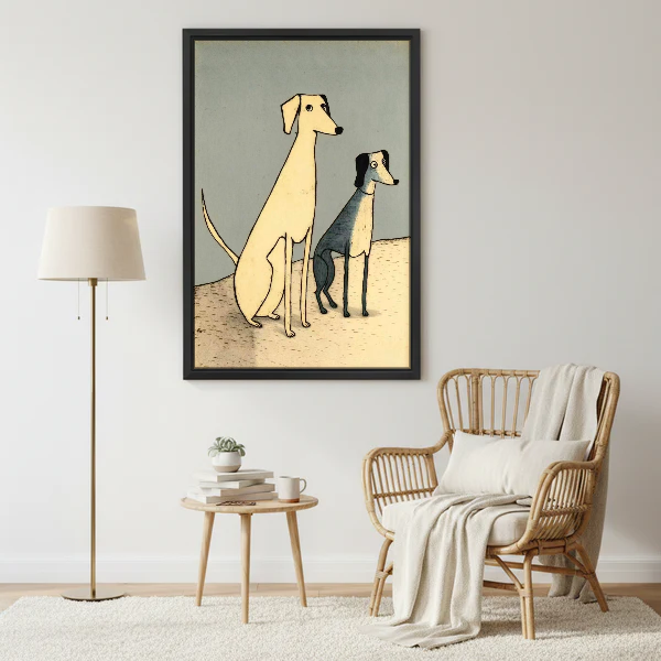 Two Dogs Canvas Wall Art framed beside a wicker armchair and floor lamp.