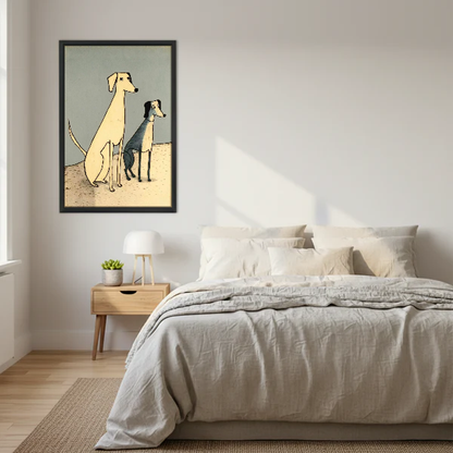 Two Dogs Canvas Wall Art framed above a cream bed with wooden nightstands.