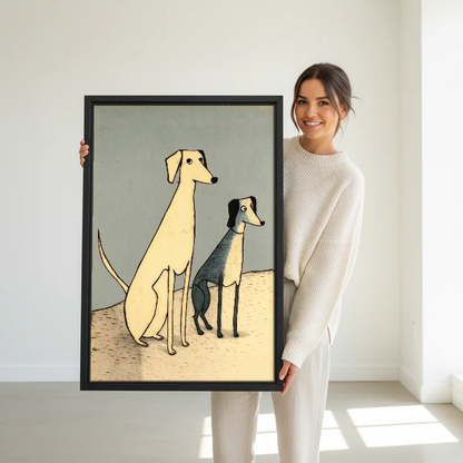 Two Dogs Canvas Wall Art held in a black frame by a standing woman in white.