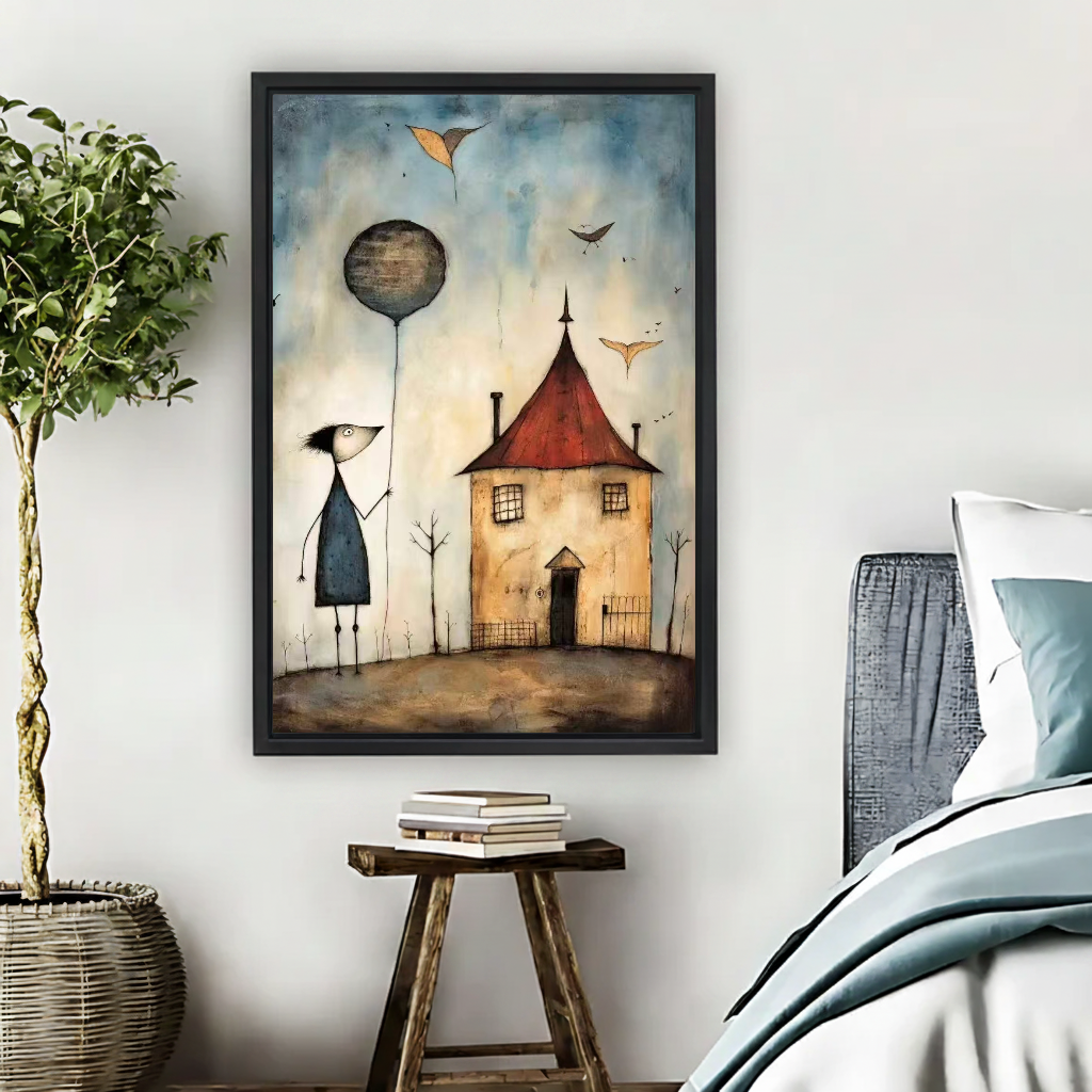 Balloon House Canvas Wall Art framed beside blue bedding, a leafy plant, and books.