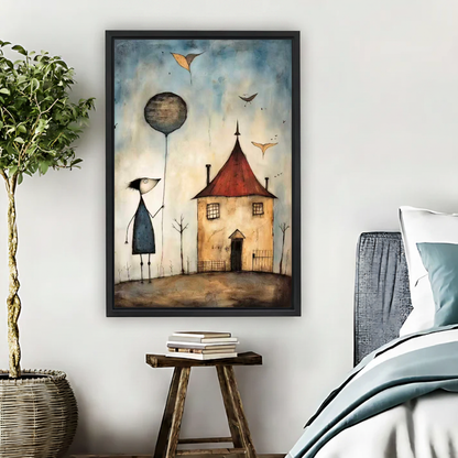 Balloon House Canvas Wall Art framed beside blue bedding, a leafy plant, and books.