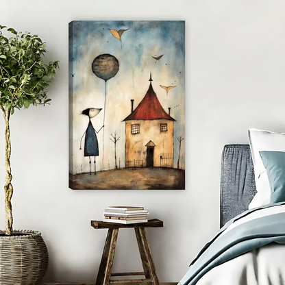 Balloon House Canvas Wall Art unframed beside blue bedding and a leafy plant.