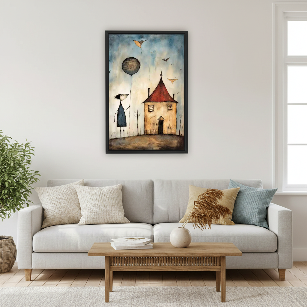 Balloon House Canvas Wall Art framed above a pale gray sofa and wood table.
