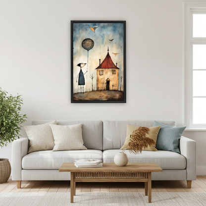 Balloon House Canvas Wall Art framed above a pale gray sofa and wood table.