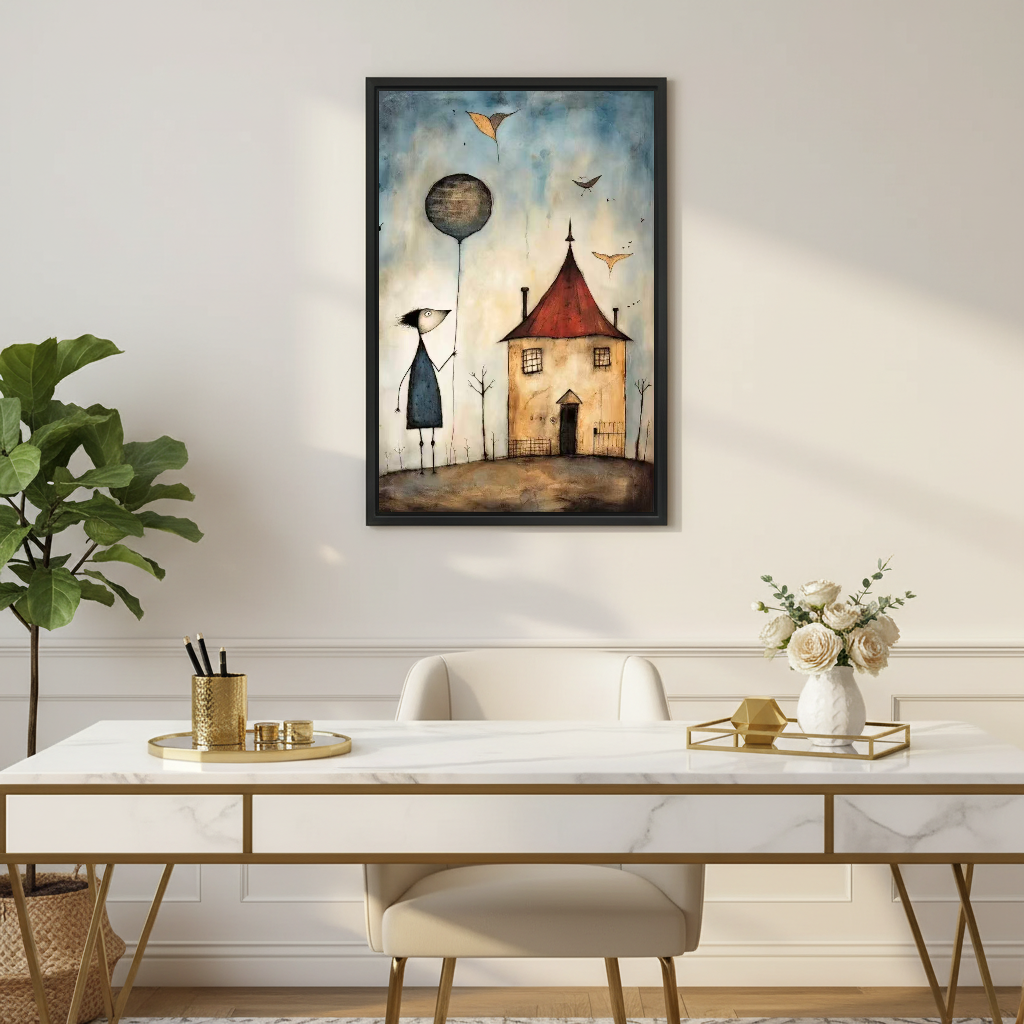 Balloon House Canvas Wall Art framed above a white desk with flowers and chair.