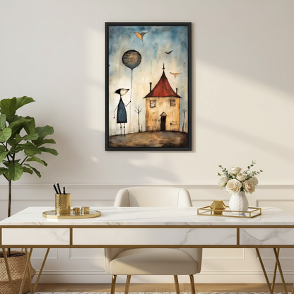 Balloon House Canvas Wall Art framed above a white desk with flowers and chair.