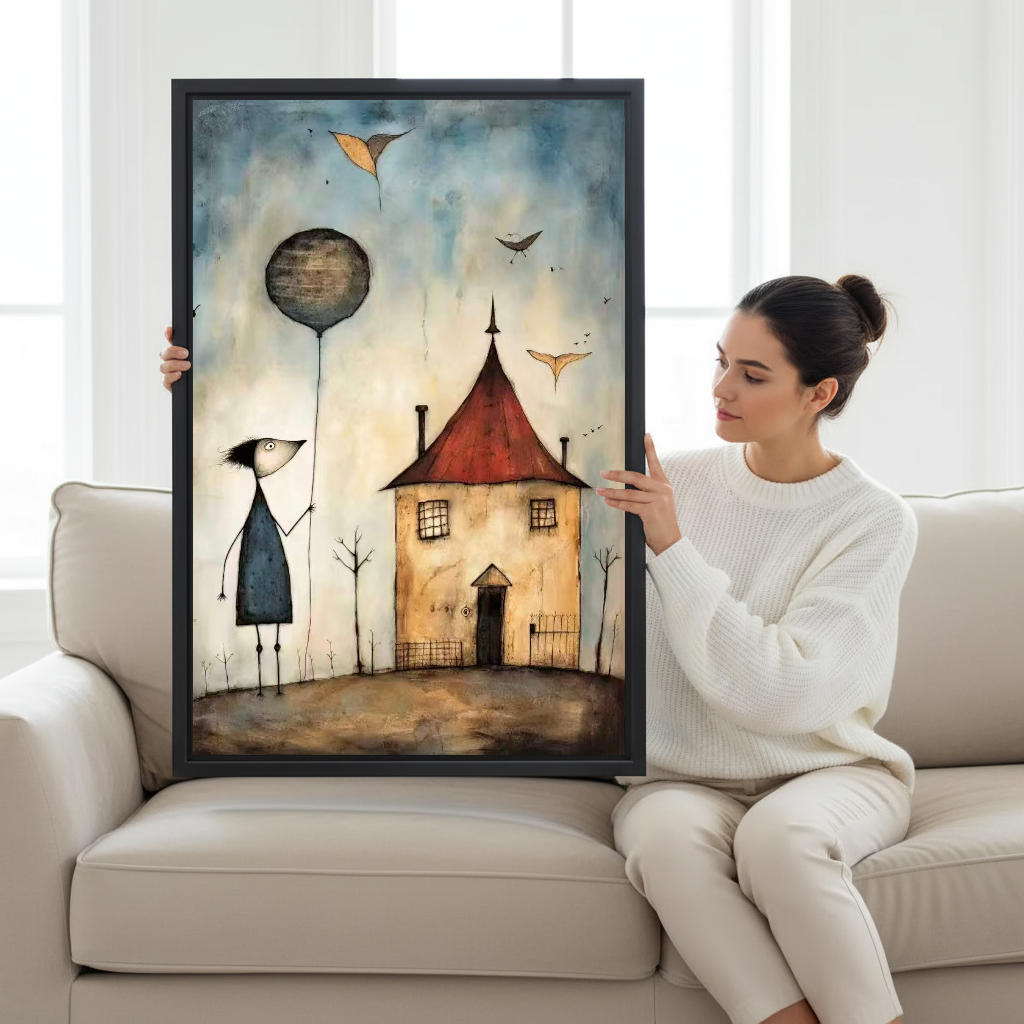 Balloon House Canvas Wall Art held by a seated woman on a pale sofa.