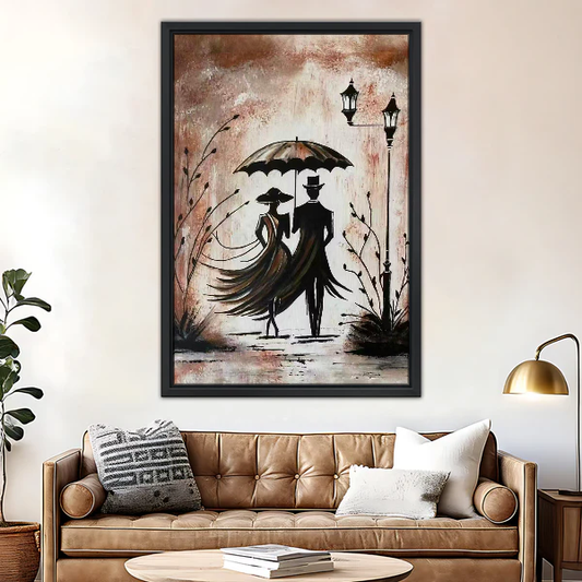Romantic Umbrella Couple Canvas Wall Art framed above a brown leather sofa and brass lamp.