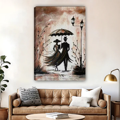 Romantic Umbrella Couple Canvas Wall Art unframed above a brown leather sofa and brass lamp.